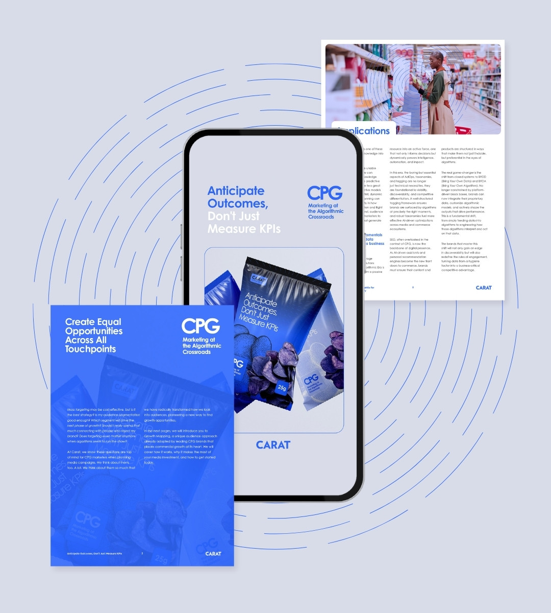 Carat CPG marketing visuals with blue snack packs and tagline on phone and flyers.